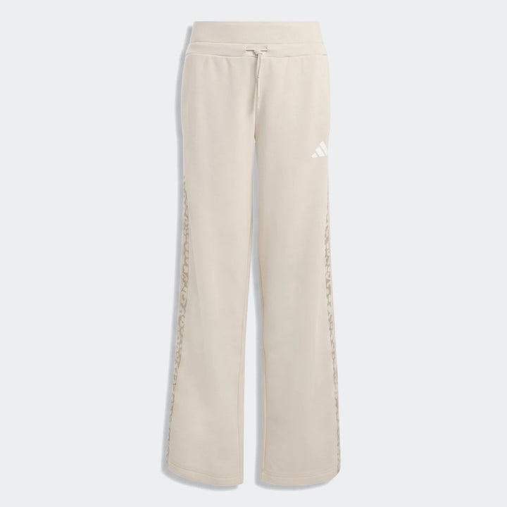 Beige Adidas Angled 3-Stripes French Terry wide-leg pants with a drawstring waist and white logo.