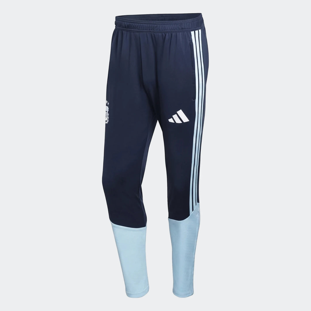 Navy blue and light blue Adidas Argentina training pants, featuring the club crest and Adidas logo, shown in a full-length