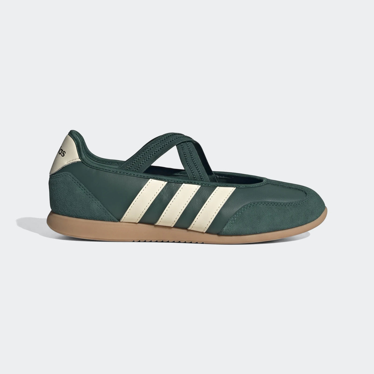 Dark green Adidas Barreda Mary Jane shoes with off-white stripes and a tan sole, shown in a side profile.
