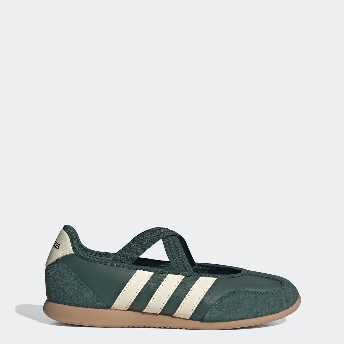 Adidas Barreda Mary Jane shoes in dark green with off-white stripes and a tan sole, shown from the side.