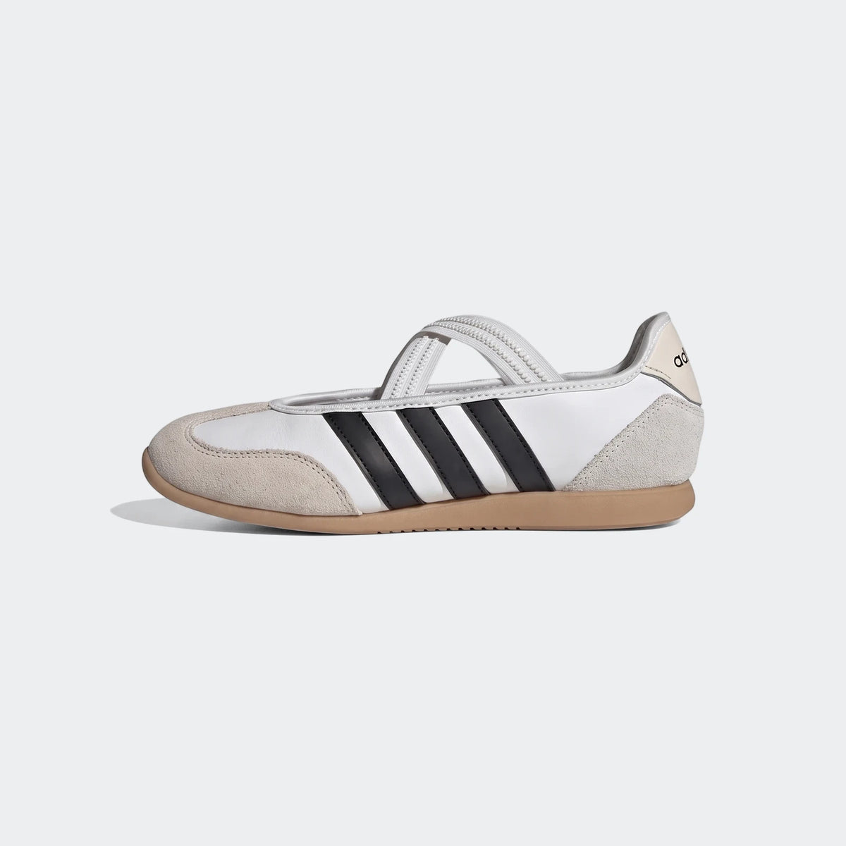 White Adidas Barreda Mary Jane shoes with black stripes and a beige sole, depicted in a side view.