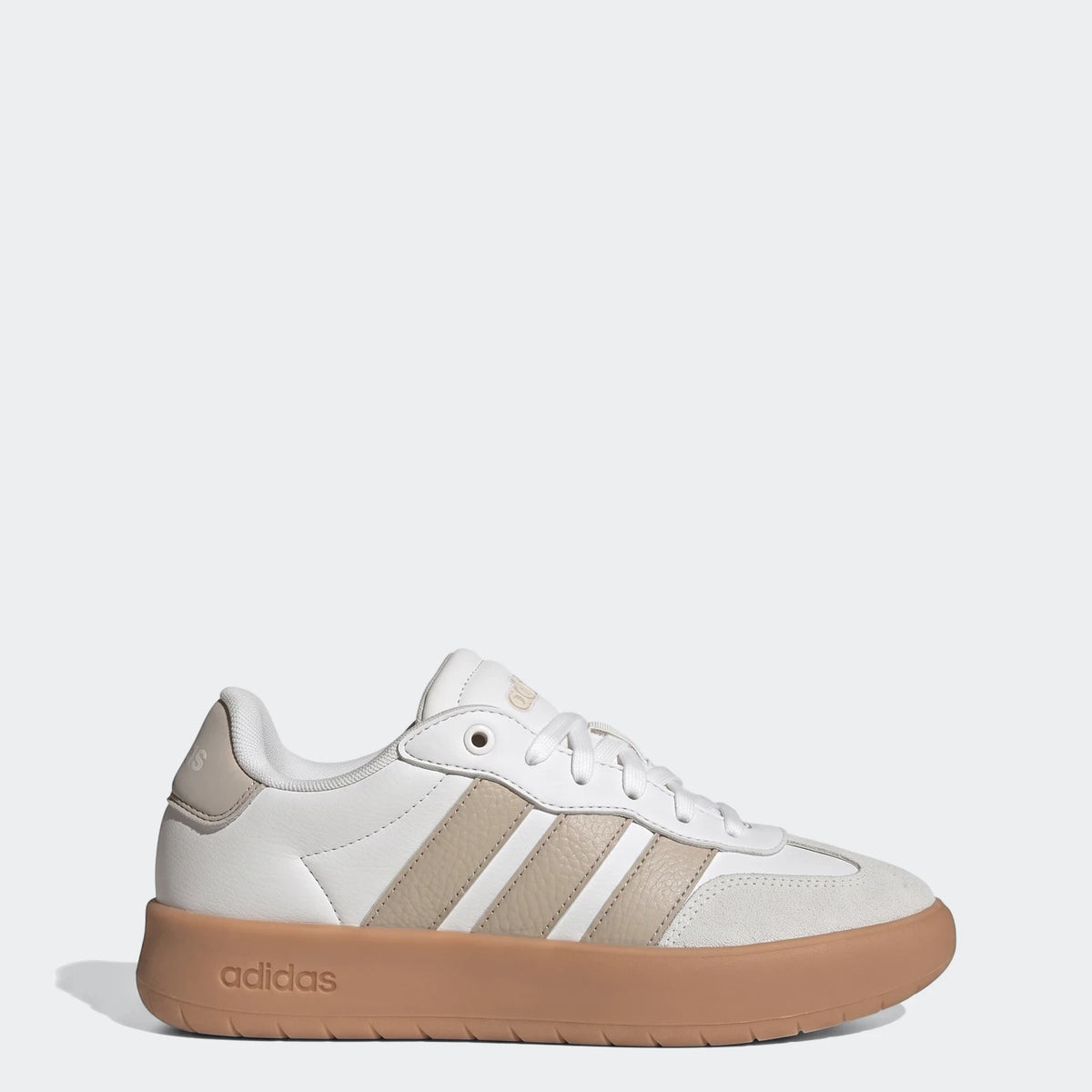 Adidas Barreda Shoes in white and tan with a brown platform sole, shown in a side profile view.