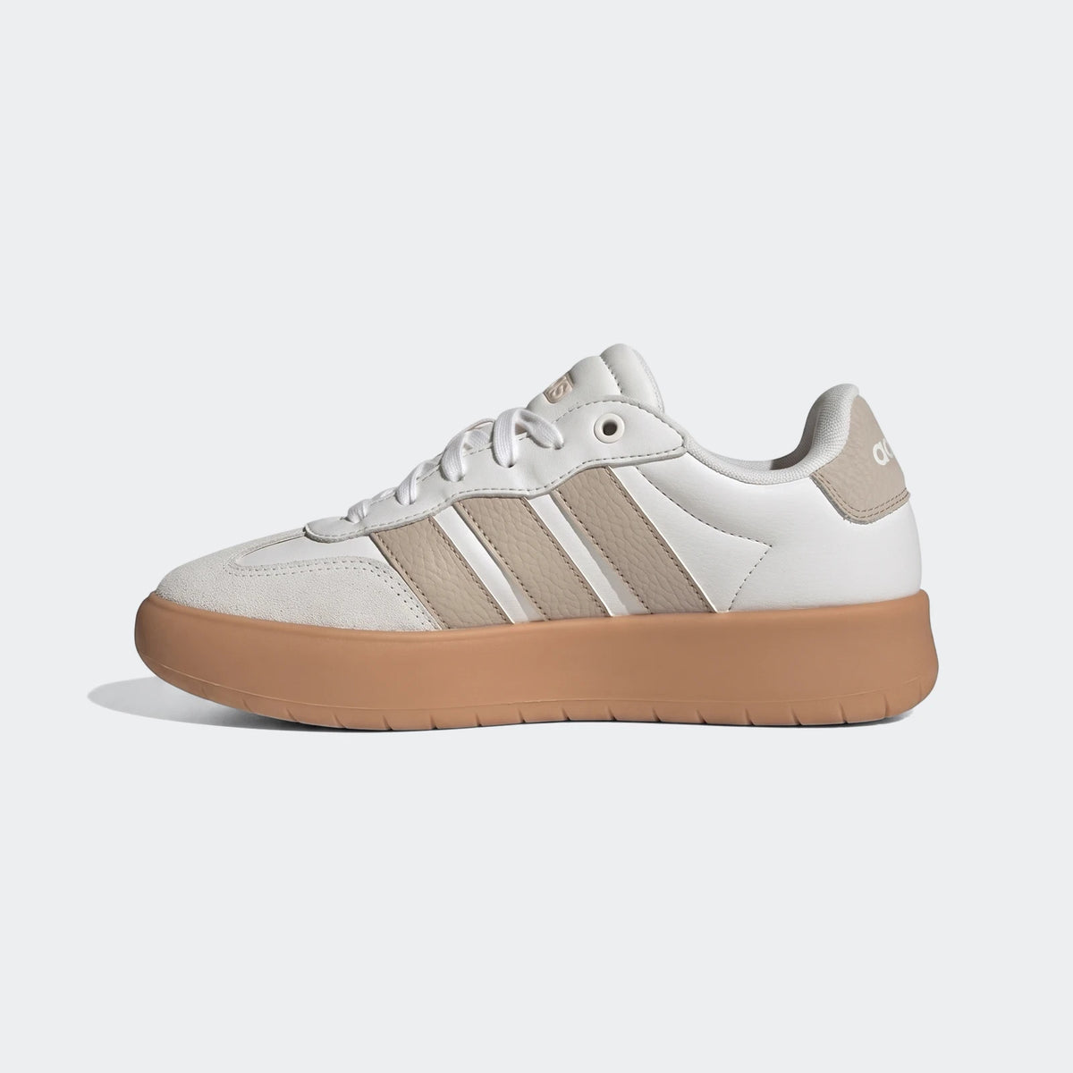 Adidas Barreda women's shoes in white and beige with a platform gum sole, presented in a clean side profile view.