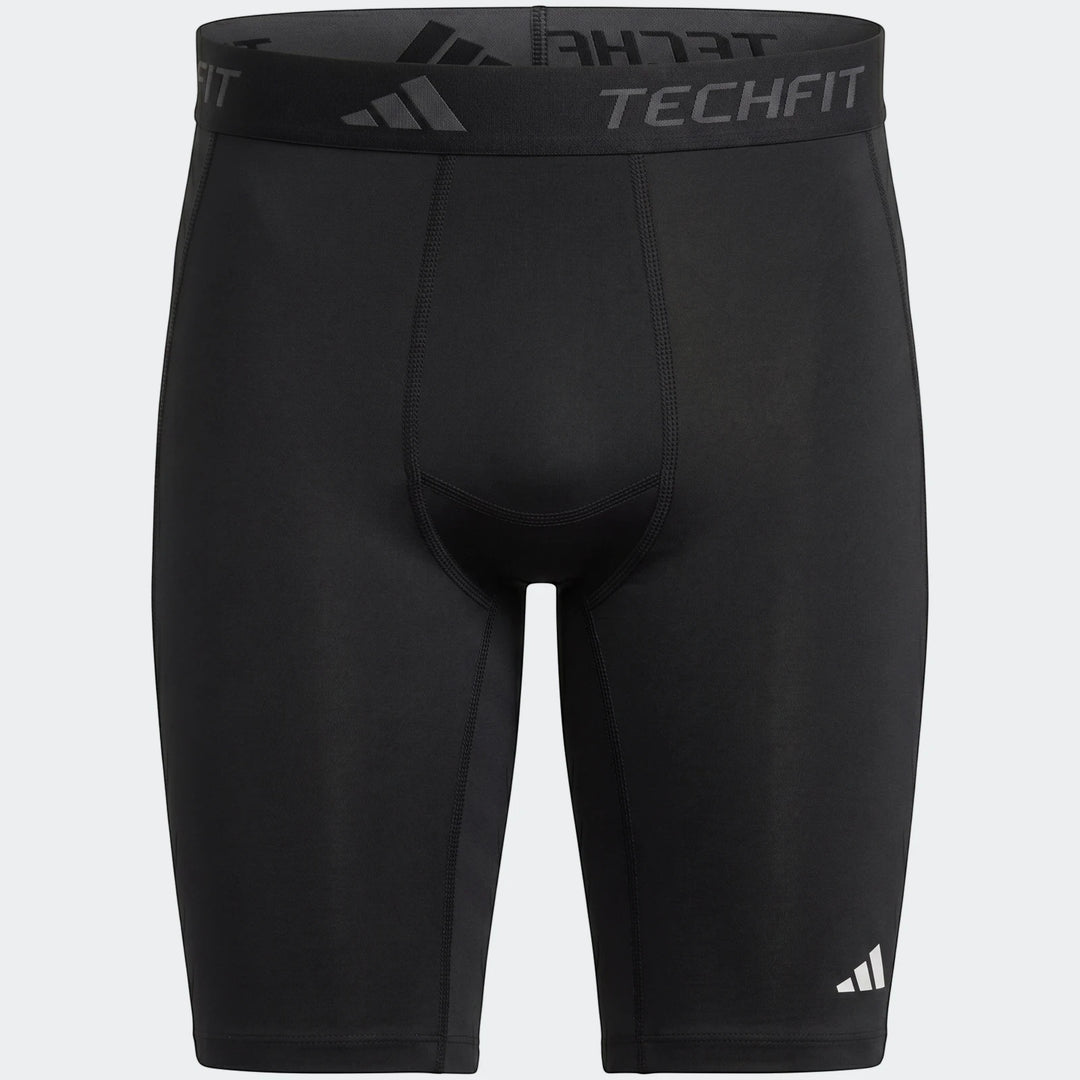 Black Adidas Football Base Layer Short Tights, featuring Techfit branding and compression fit for athletic performance,