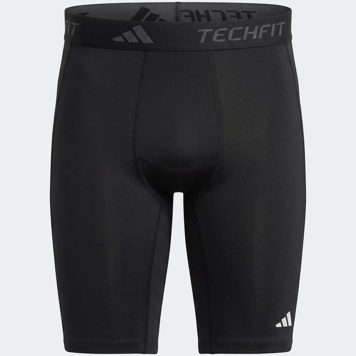 Black Adidas Football Base Layer Short Tights, featuring Techfit branding and compression fit for athletic performance,