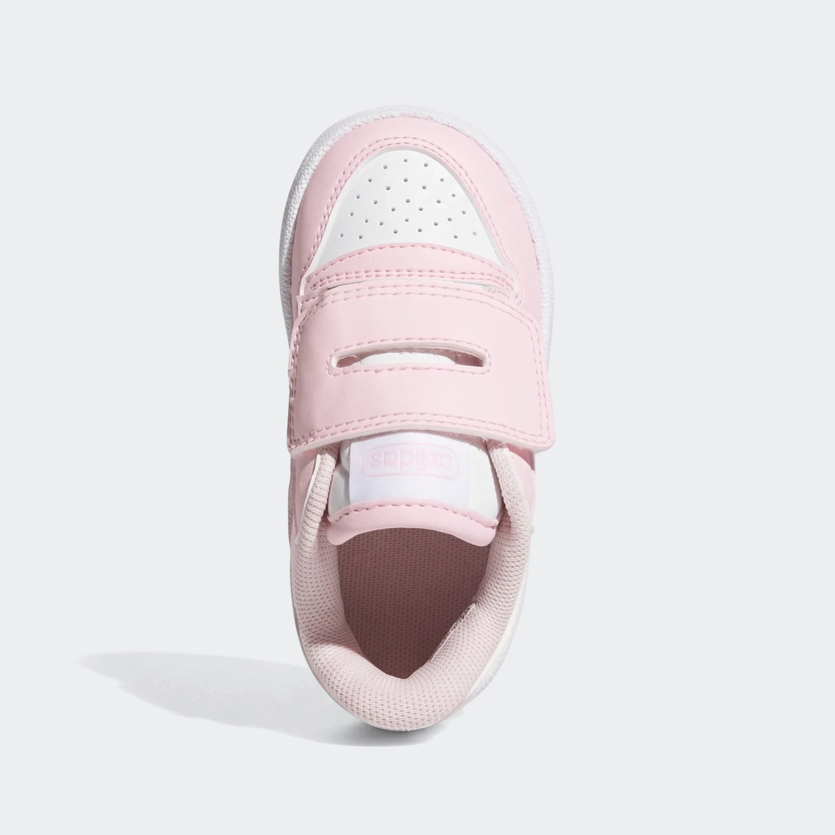 Top-down view of a light pink and white Adidas Break Start kids' shoe with a single velcro strap.