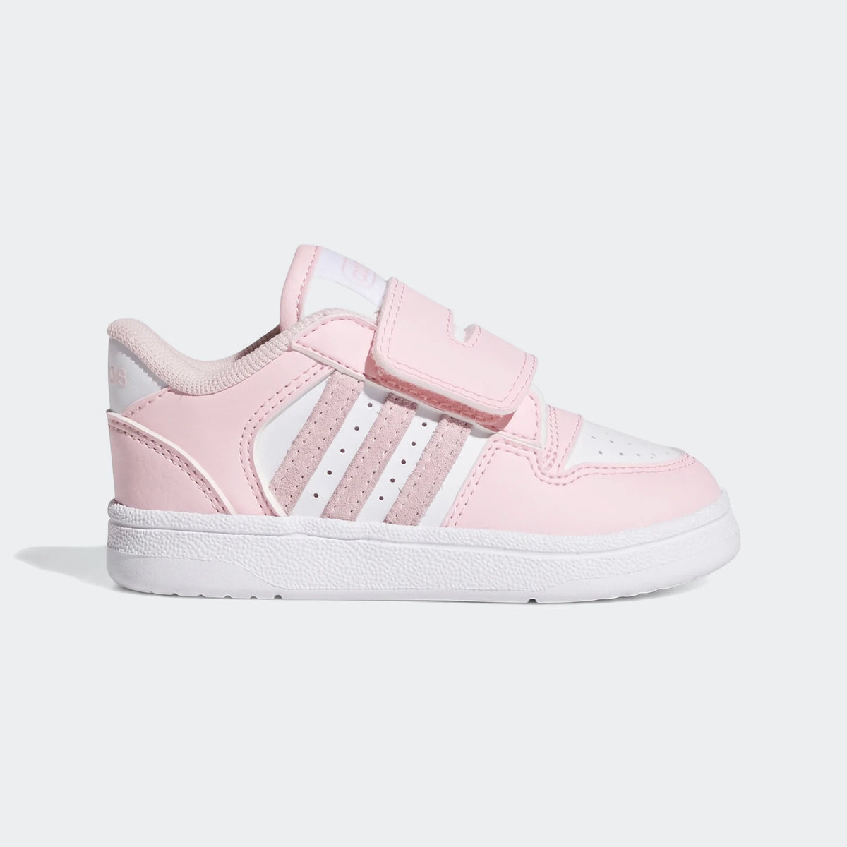 Side view of pink and white Adidas Break Start Kids shoes featuring velcro straps and the classic three stripes.