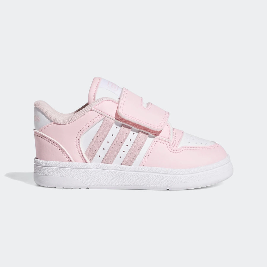 Side view of pink and white Adidas Break Start Kids shoes featuring velcro straps and the classic three stripes.