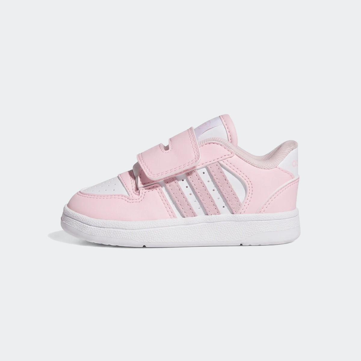 Pink and white Adidas Break Start Kids shoes in a side profile, featuring white velcro straps and classic three stripes