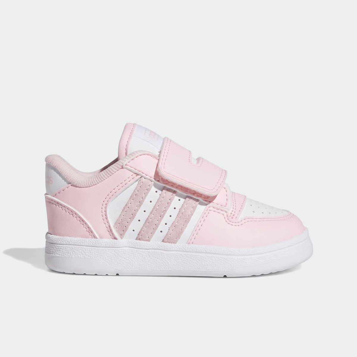 Pink and white Adidas Break Start Kids' shoes with dual velcro strap closure, viewed from the side.
