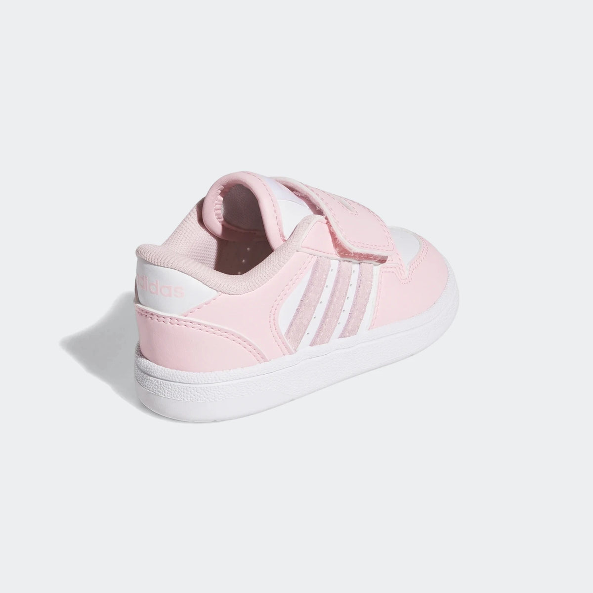 Pink and white Adidas Break Start Kids Shoes with velcro straps, shown from a rear-quarter view on a white background.