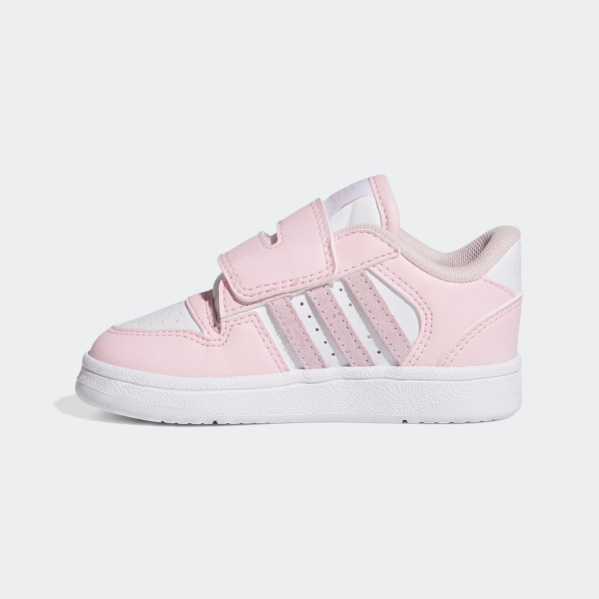 Pink and white Adidas Break Start Kids shoes, featuring velcro closures and the iconic three stripes, visible from a side