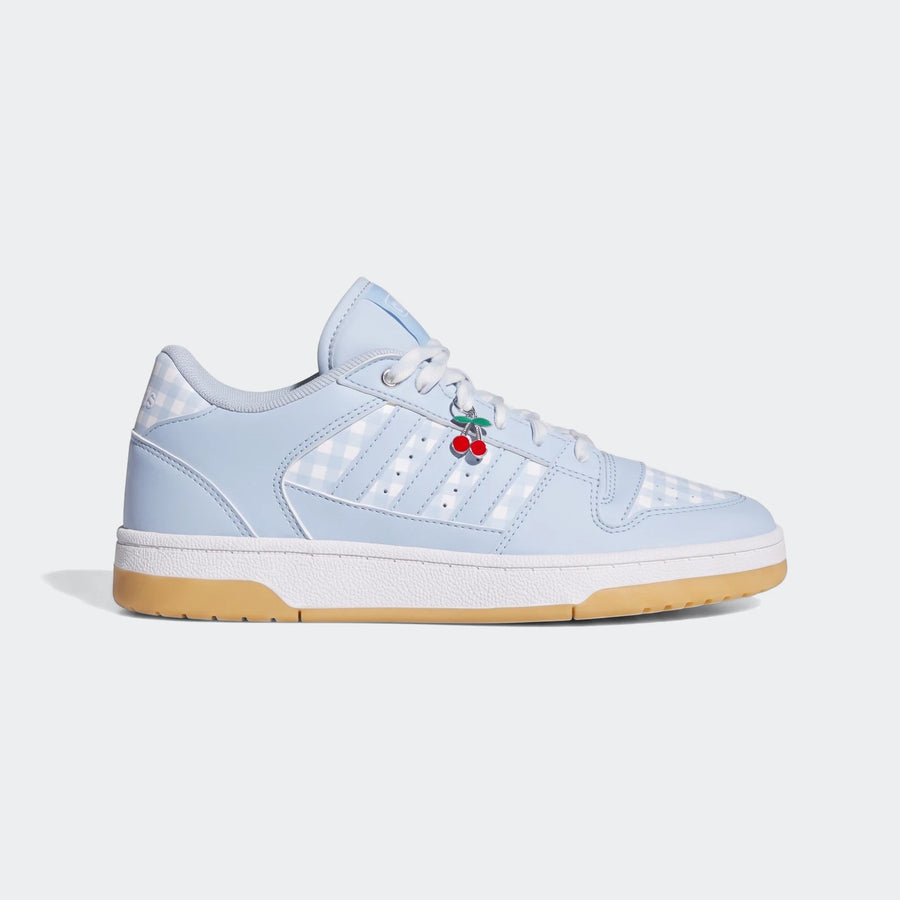 Light blue Adidas Break Start Low women's shoes with a white gingham pattern and a small red cherry charm, shown in a side