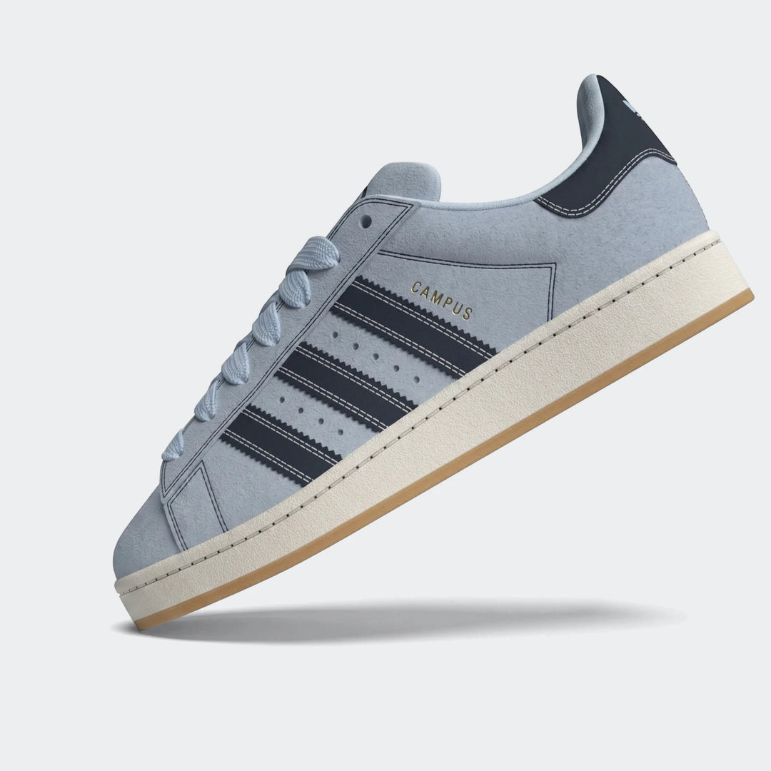 Adidas Campus 00S light blue suede low-top sneaker, featuring dark stripes and a gum sole, viewed from a side angle.