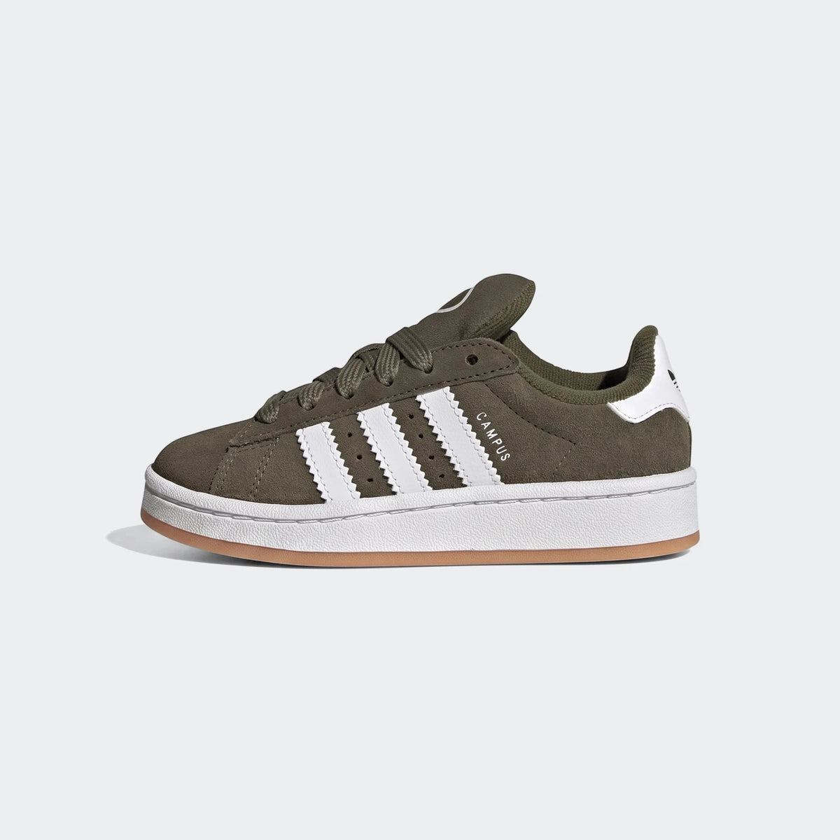 Side view of an olive green suede Adidas Campus 00S shoe with white stripes and a gum sole, suitable for toddlers.