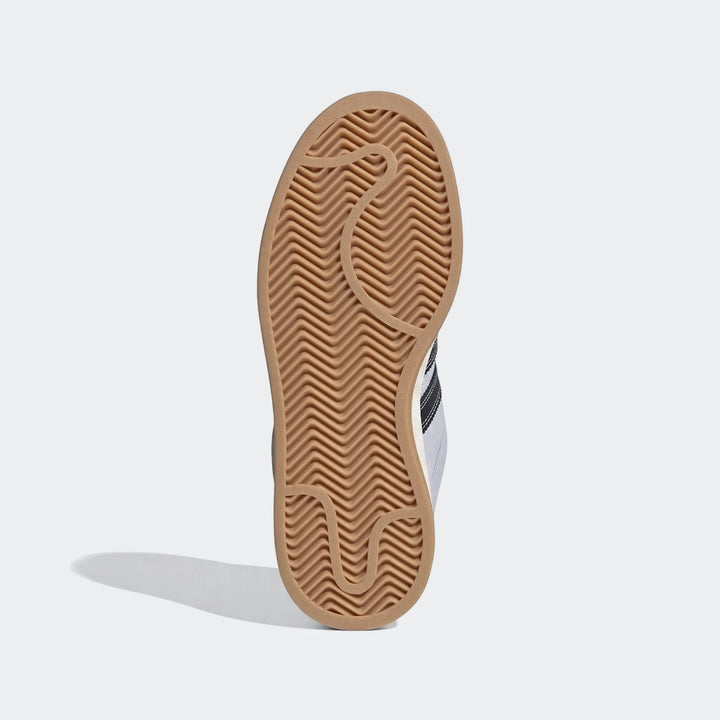 Adidas Campus 00S Shoes, bottom view showing the textured brown gum outsole and a glimpse of the light grey upper with black