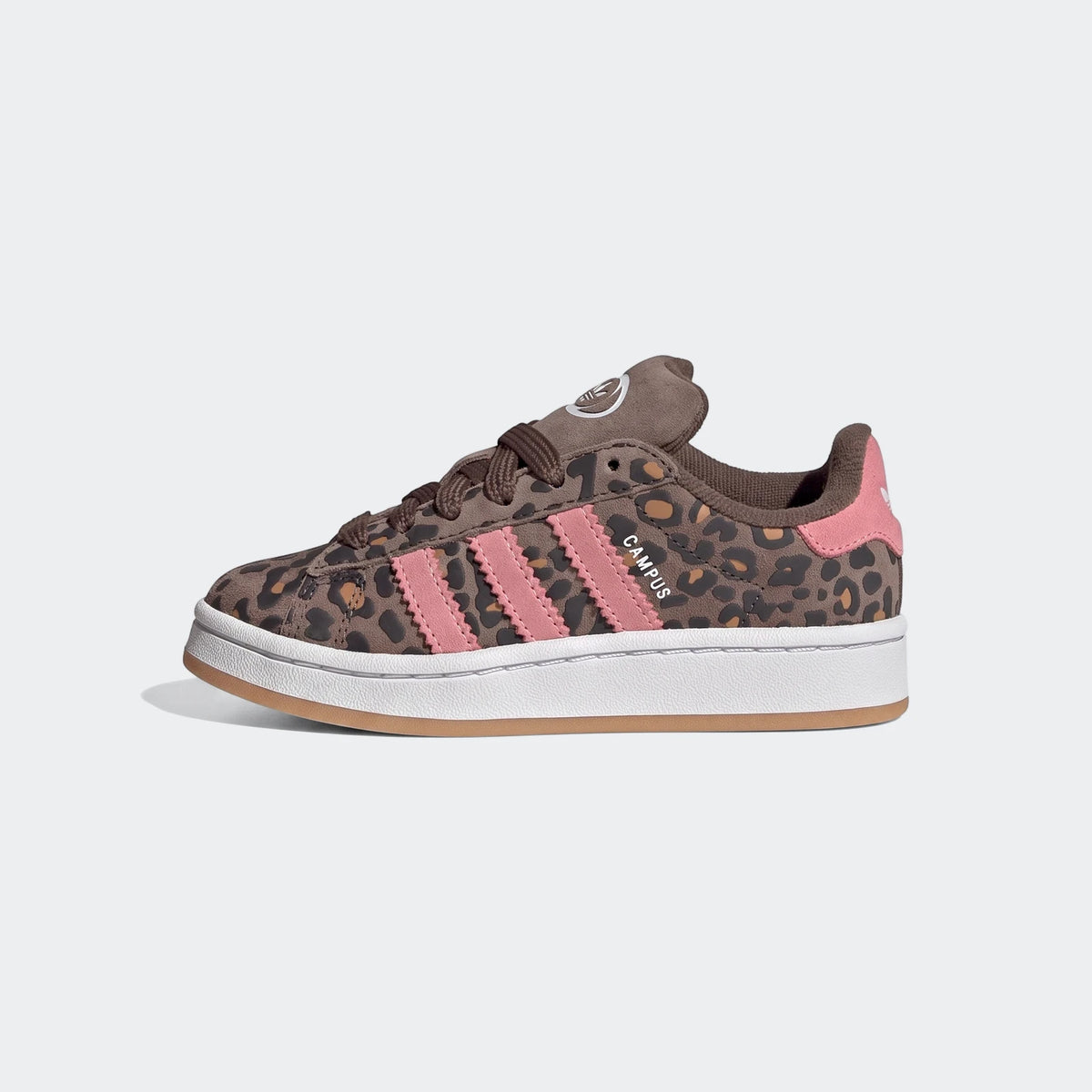 Brown leopard print Adidas Campus 00S shoes with pink stripes, white midsole, and gum outsole, shown in a profile view.