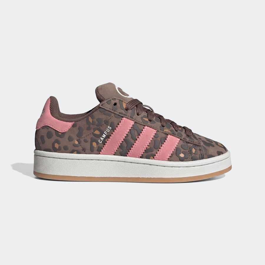 Adidas Campus 00S shoes in brown and pink leopard print suede with white sole, side view.