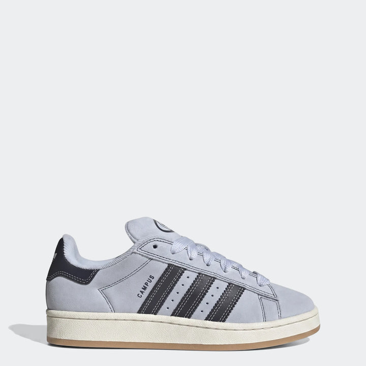 Light blue suede Adidas Campus 00S low-top sneaker, viewed from the side with white laces and dark grey stripes.