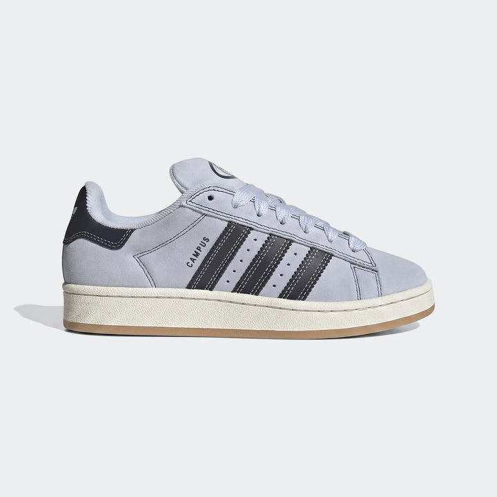 Adidas Campus 00S shoes in light blue suede with dark stripes, a white midsole, and gum outsole, shown in a side view.