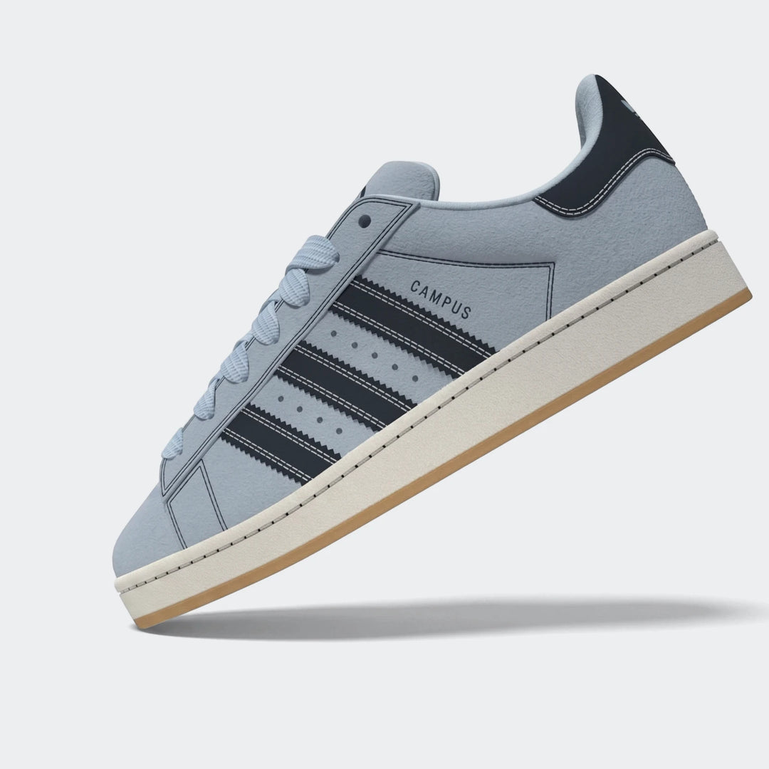 Light blue suede Adidas Campus low-top sneaker in a side profile, featuring dark blue stripes, textured laces, off-white