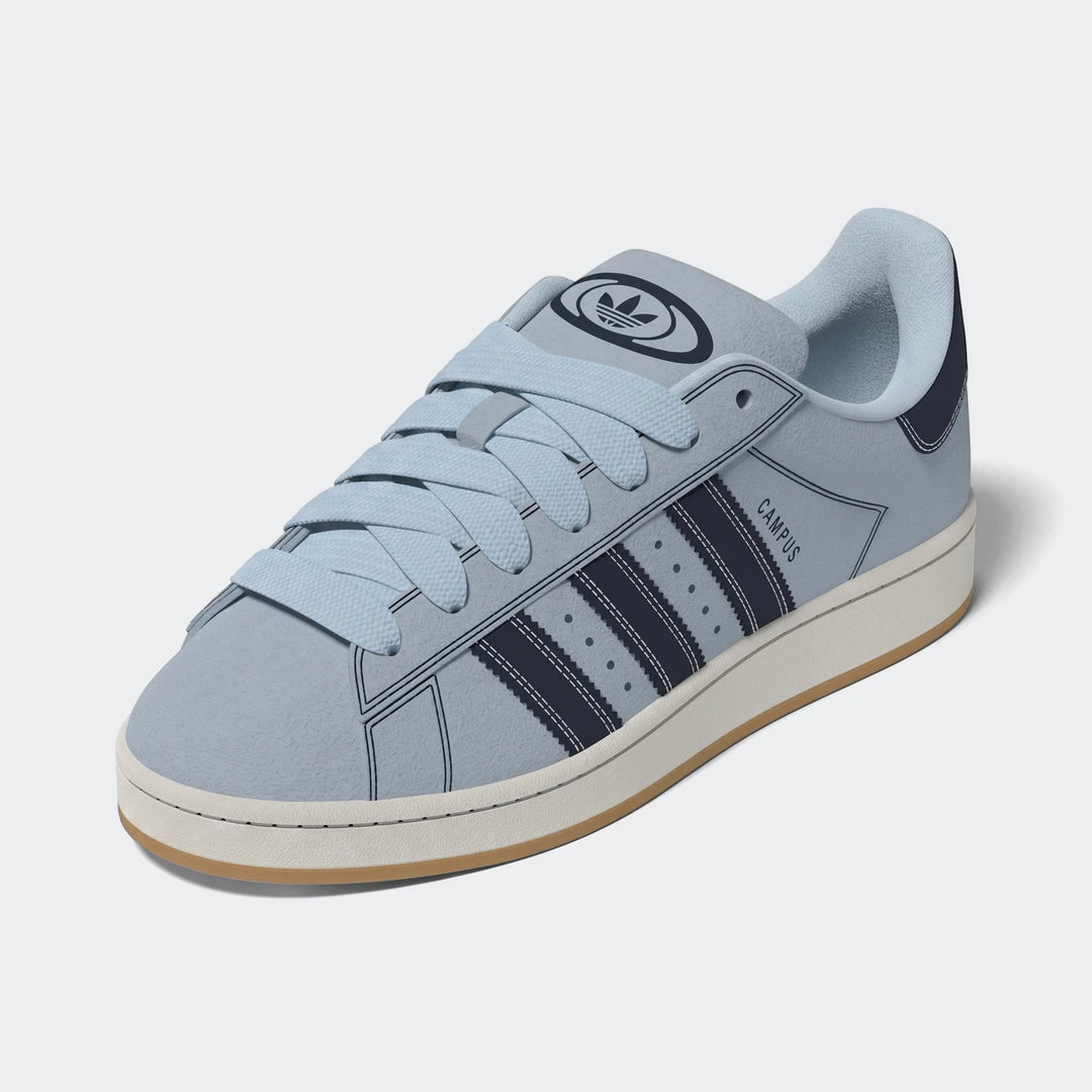 Adidas Campus light blue suede low-top sneakers in an angled view, featuring dark blue stripes and a white midsole.