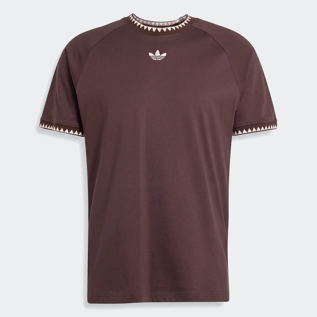 Brown Adidas Chest Stripe Short Sleeve T-Shirt with white Trefoil logo and zigzag pattern on the collar and cuffs, front