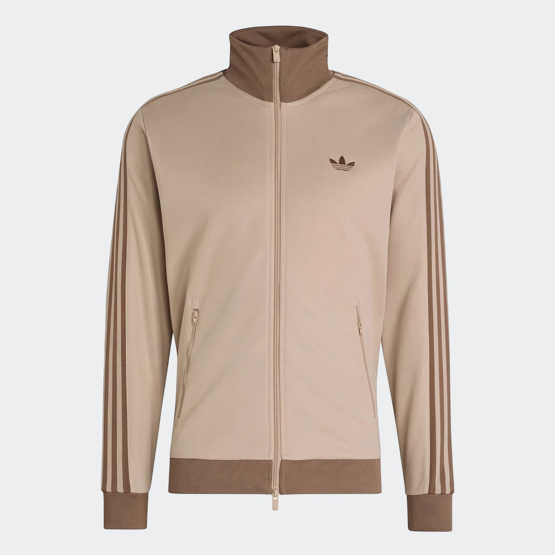 Men's beige Adidas Classic Track Top with brown ribbed collar, cuffs, hem, three-stripe sleeves, and front zipper.