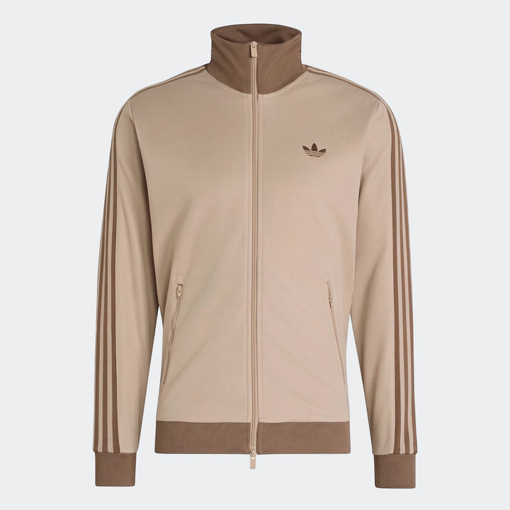 Men's beige Adidas Classic Track Top with brown ribbed collar, cuffs, hem, three-stripe sleeves, and front zipper.
