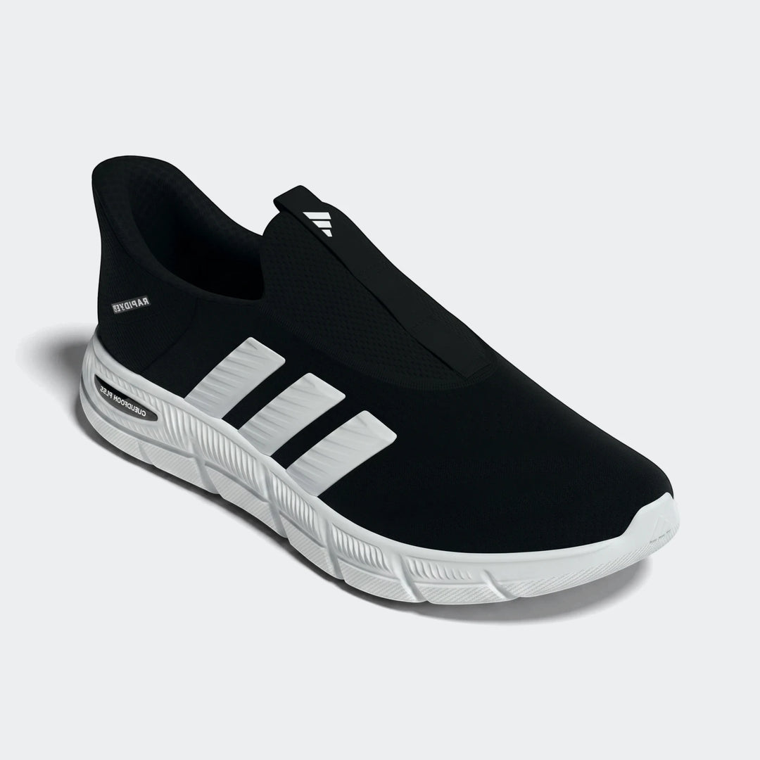 A black and white pair of Adidas Cloudfoam Flex Lounge Rapidaflow slip-on athletic shoes, featuring a black knit upper with