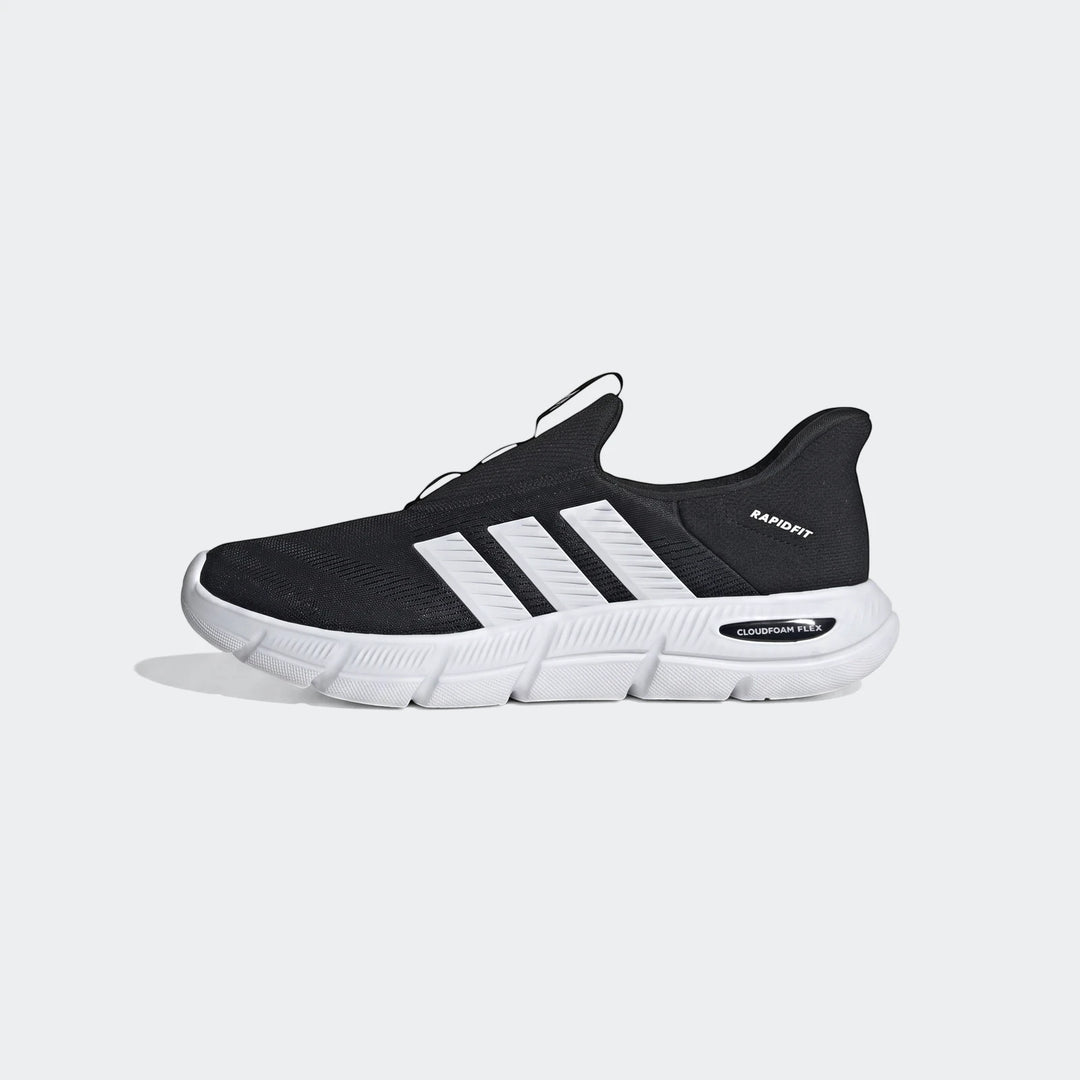 Black and white Adidas Cloudfoam Flex Lounge Rapidaflow shoes, featuring a breathable knit upper and responsive cushioning,