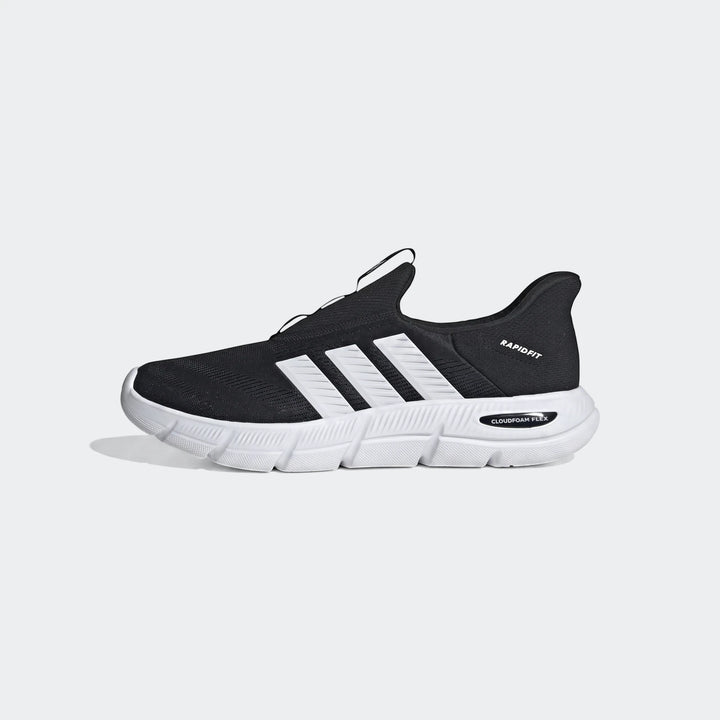 Black and white Adidas Cloudfoam Flex Lounge Rapidaflow shoes, featuring a breathable knit upper and responsive cushioning,