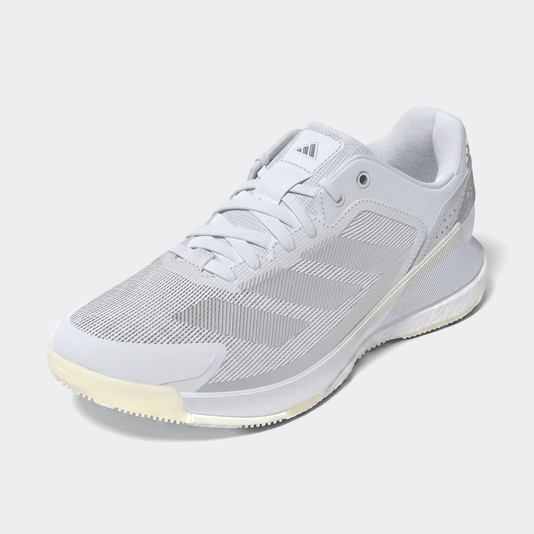 White and light gray Adidas Crazyquick Boost Padel Shoes, featuring mesh construction and synthetic overlays, showcased in a