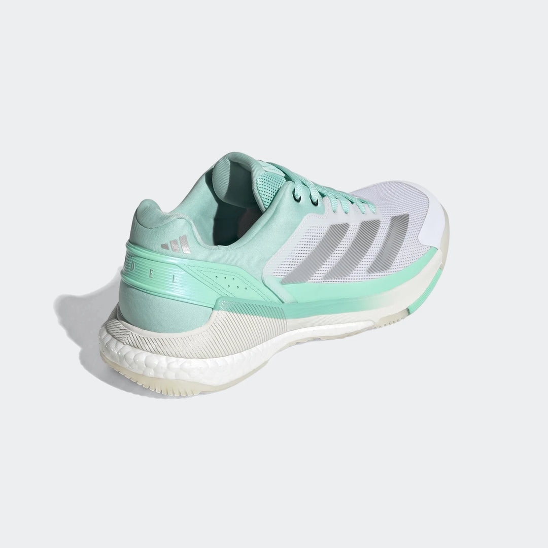 Adidas Crazyquick Boost Padel Shoes in white, light green, and silver, showcasing a rear-side view with Boost cushioning.