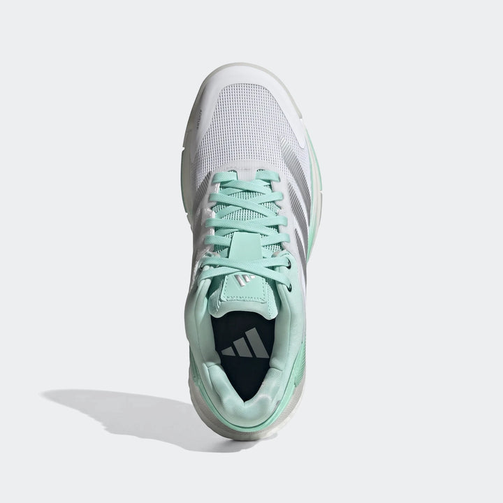 Overhead view of white and mint green Adidas Crazyquick Boost Padel Shoes with silver stripes and mint laces.