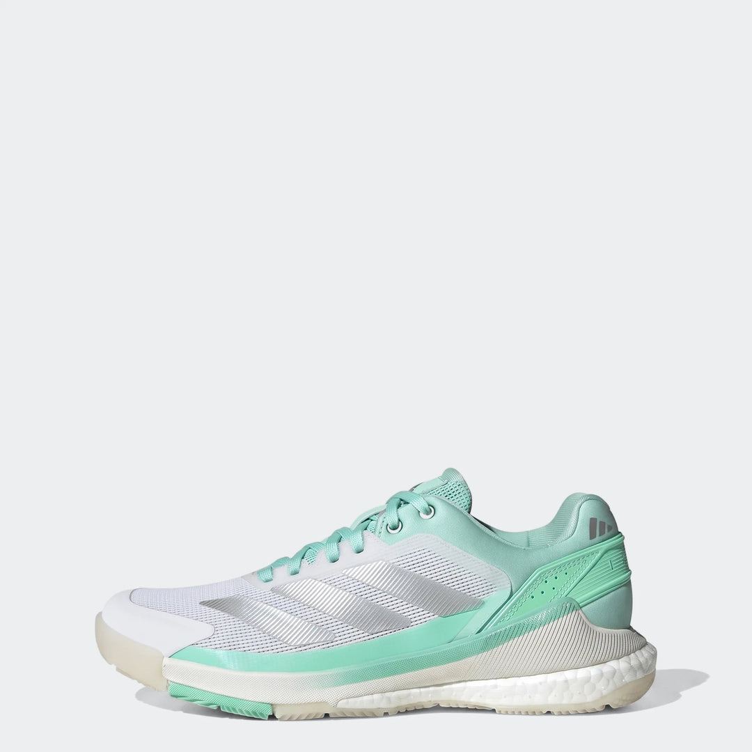 Adidas Crazyquick Boost Padel Shoes in white and mint green, featuring a side view to highlight the design and sole