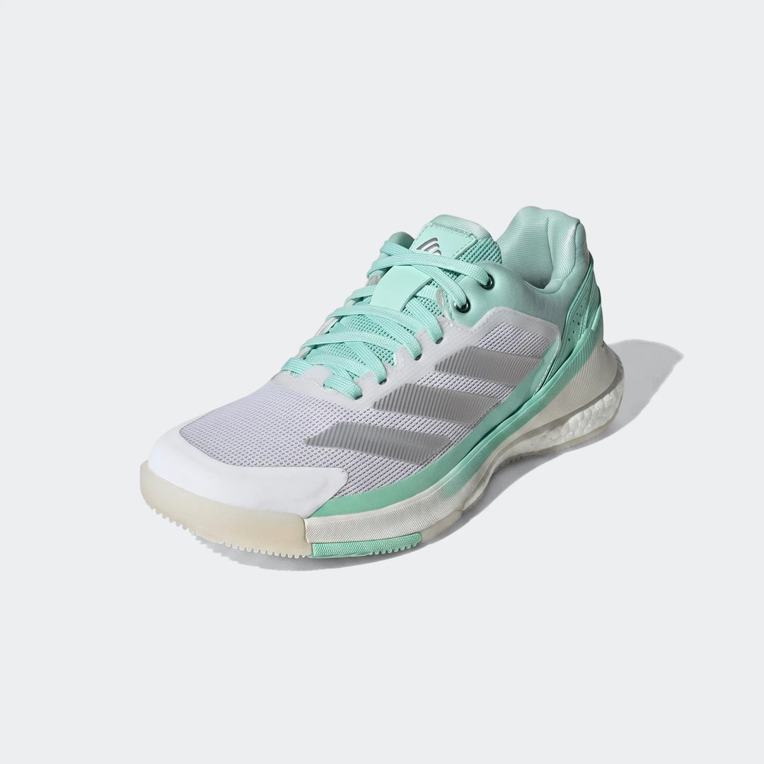 Adidas Crazyquick Boost Padel Shoes in white, mint green, and silver, featuring a mesh upper and Boost sole, captured from