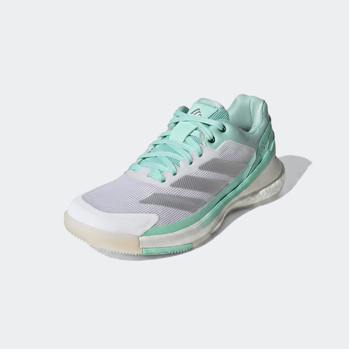 Adidas Crazyquick Boost Padel Shoes in white, mint green, and silver, featuring a mesh upper and Boost sole, captured from