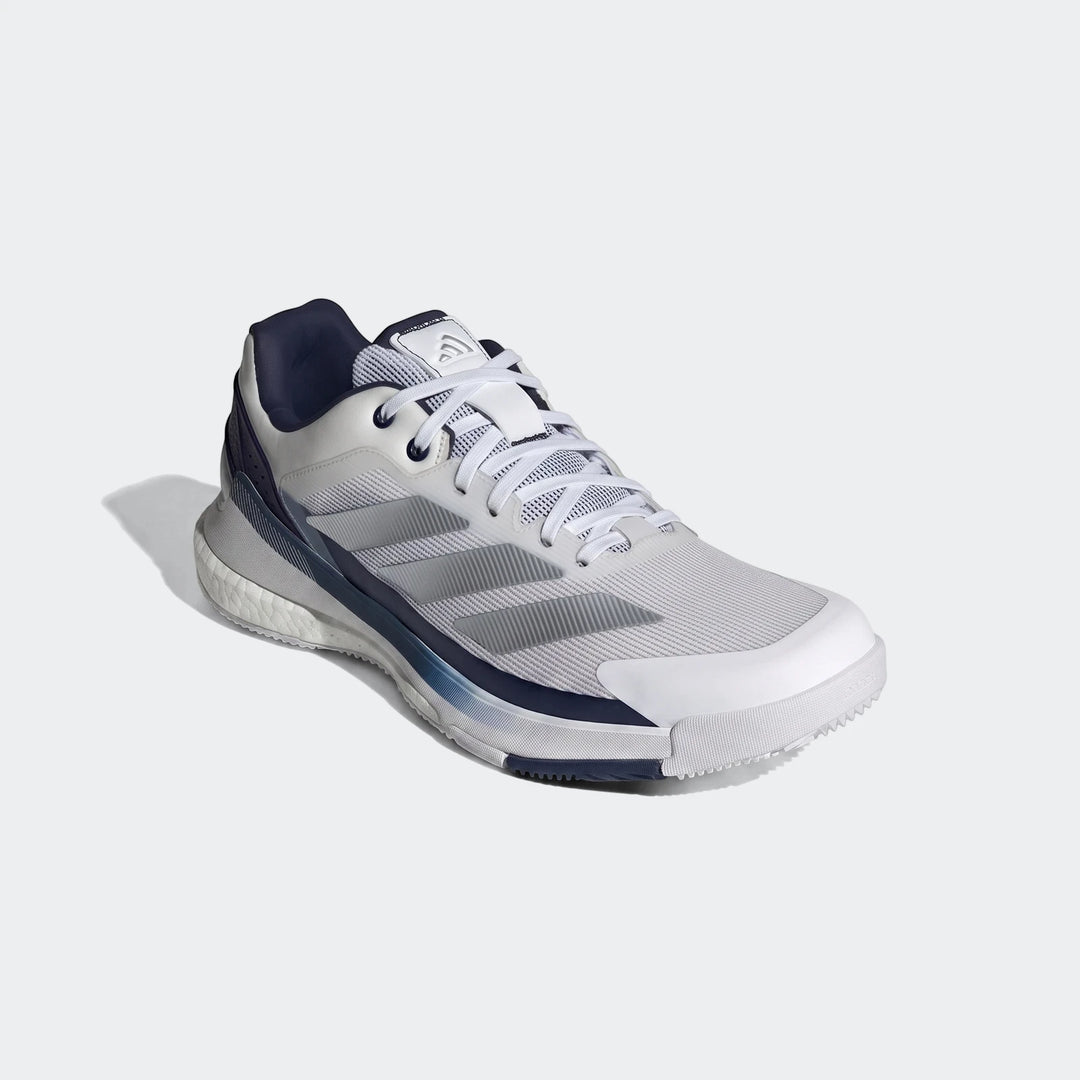 White, navy, and grey Adidas Crazyquick Boost Padel Shoes. The lightweight mesh upper and responsive Boost midsole are