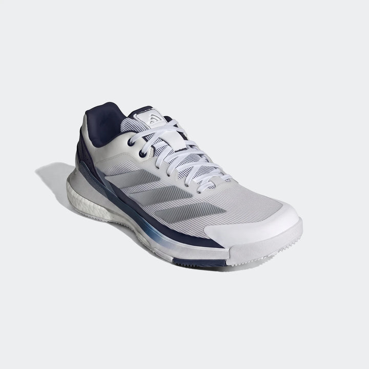 White, navy, and grey Adidas Crazyquick Boost Padel Shoes. The lightweight mesh upper and responsive Boost midsole are