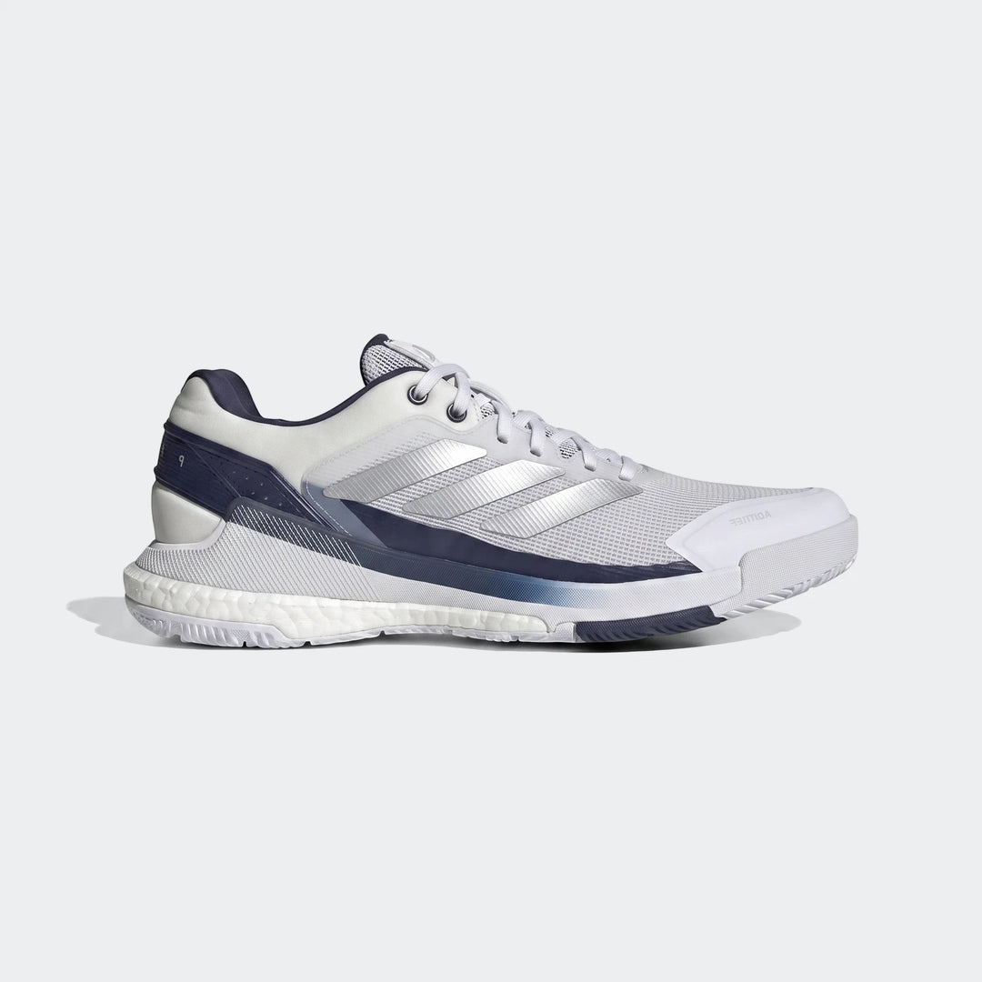 White, silver, and navy Adidas Crazyquick Boost Padel Shoes, shown in a side profile on a white background.