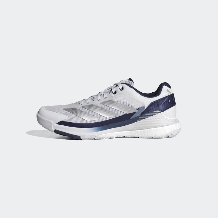 White, silver, and blue Adidas Crazyquick Boost Padel Shoes, captured in a side view on a clean white background, showcasing