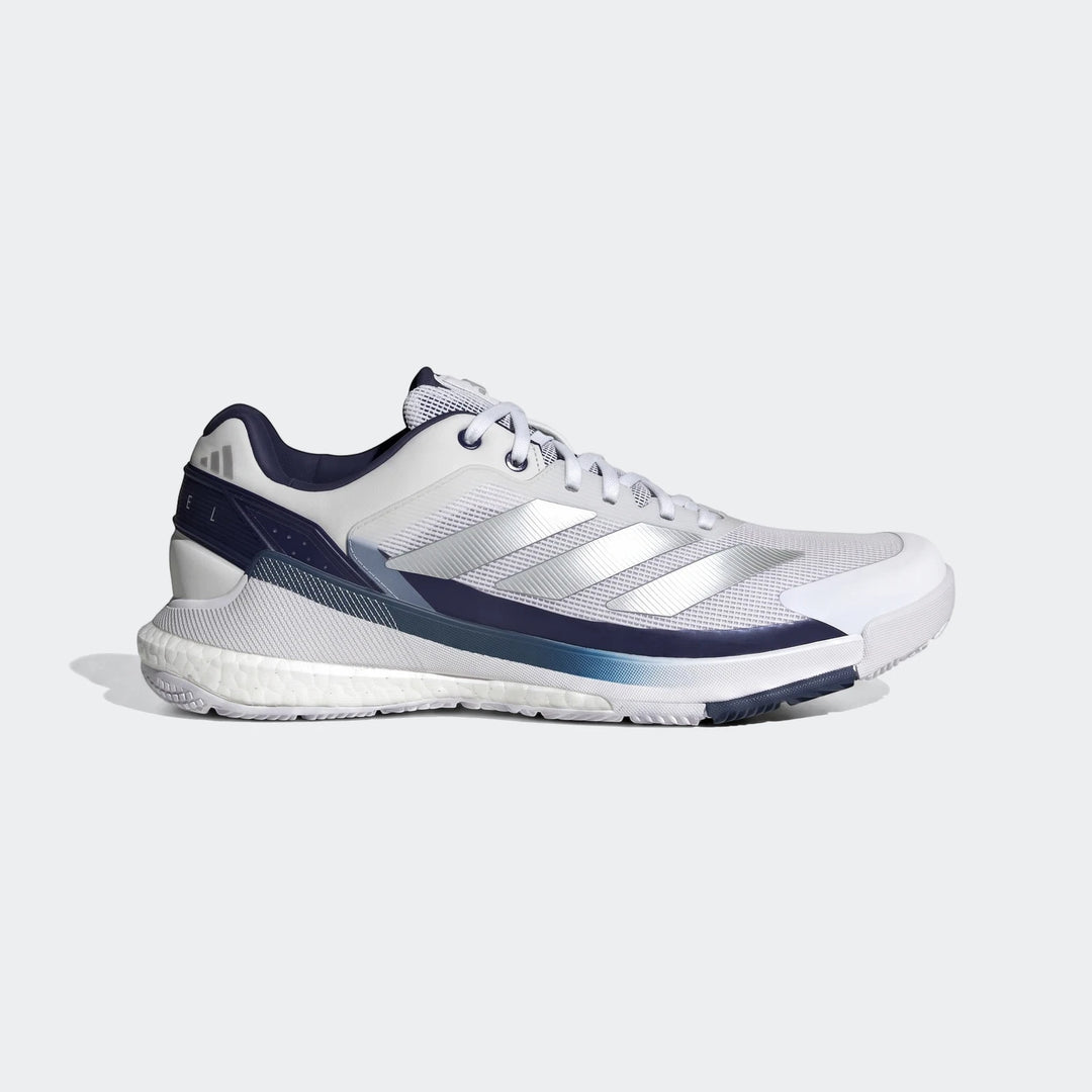 White, silver, and blue Adidas Crazyquick Boost Padel Shoes, featuring a breathable mesh upper, iconic three stripes, and a
