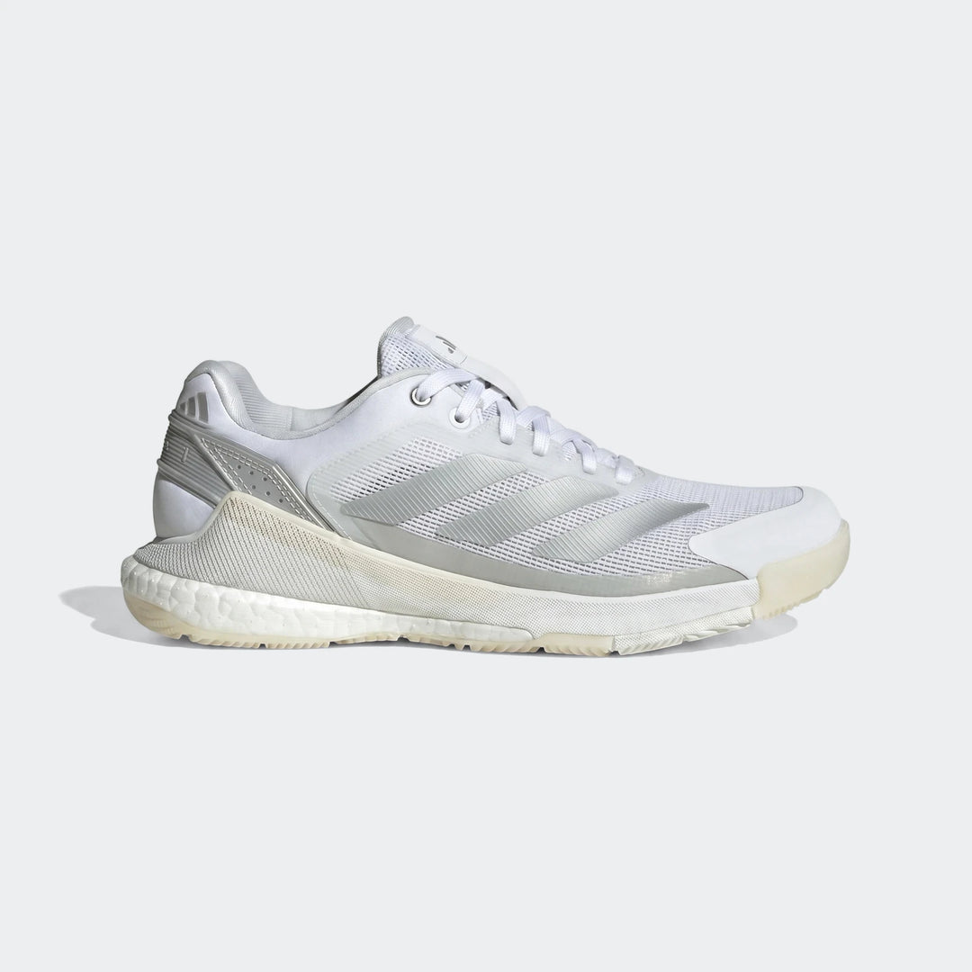 White and silver Adidas Crazyquick Boost Padel Shoes, featuring mesh upper and Boost midsole, displayed in a side profile