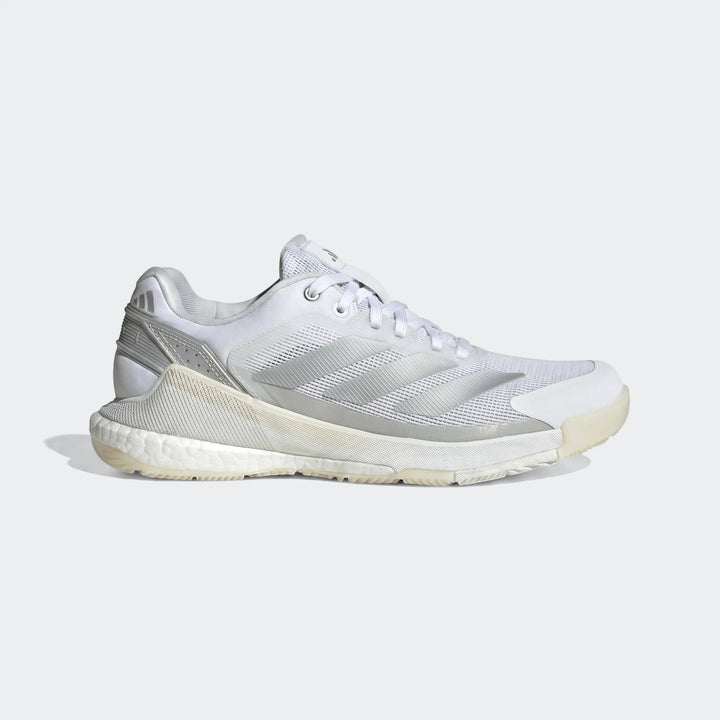 White and silver Adidas Crazyquick Boost Padel Shoes, featuring mesh upper and Boost midsole, displayed in a side profile