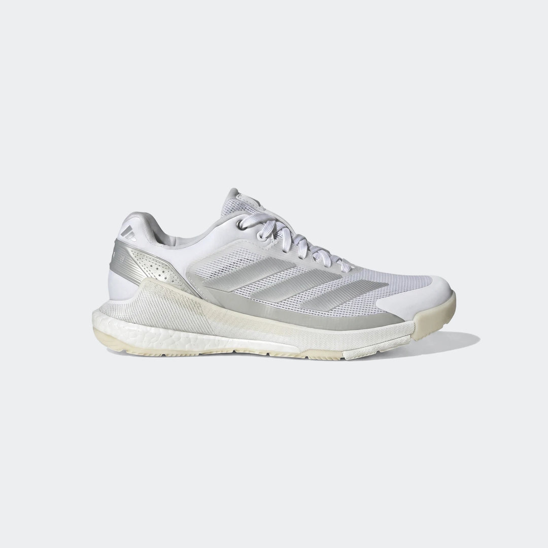 White and silver Adidas Crazyquick Boost Padel Shoes, featuring mesh upper and responsive Boost midsole, side view.