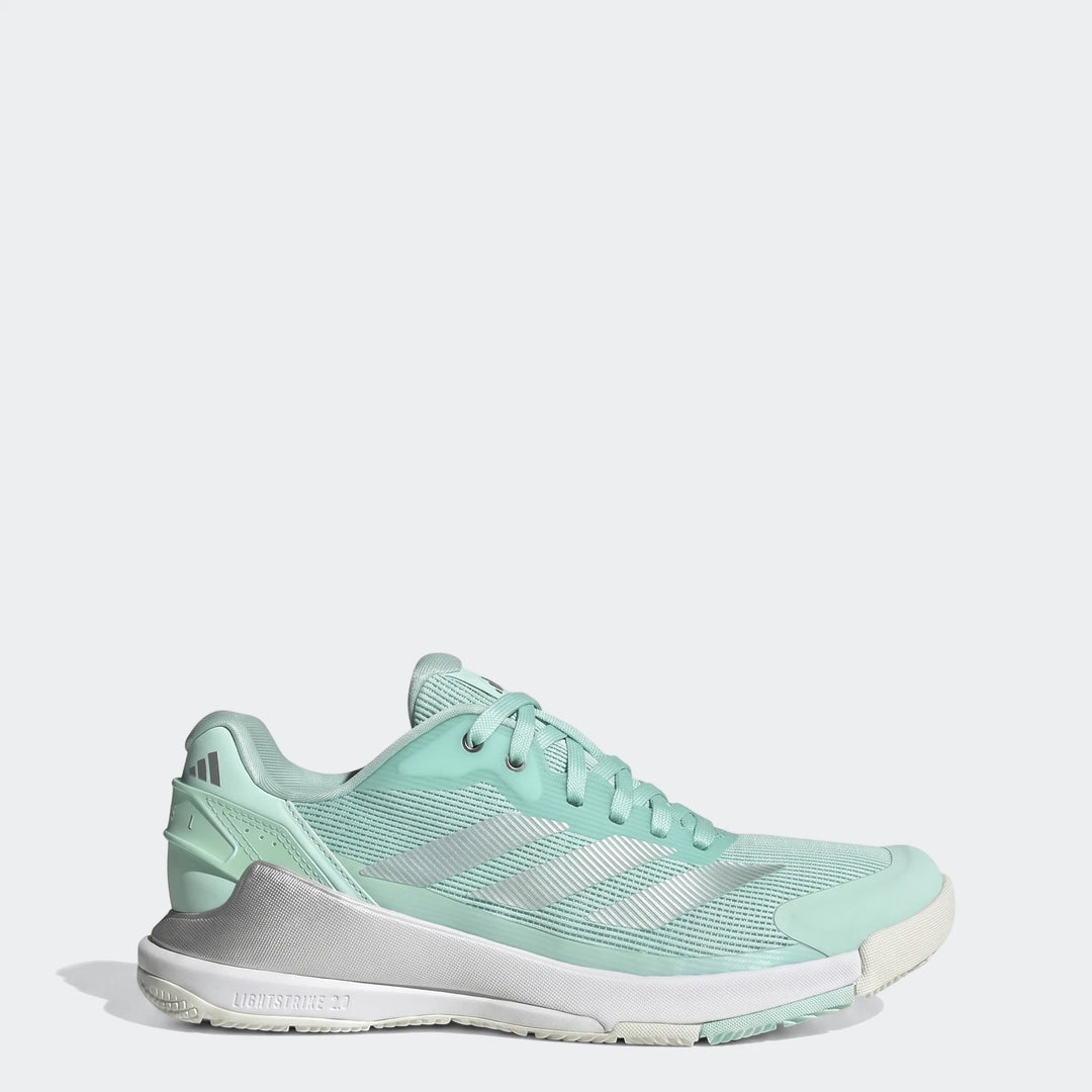 Adidas Crazyquick Lightstrike Padel Shoes, mint green with silver stripes and mesh upper, side profile view.