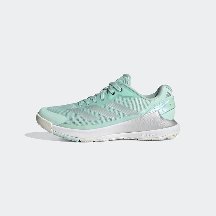 Mint green and silver Adidas Crazyquick Lightstrike Padel Shoes, featuring mesh and synthetic materials, viewed from the