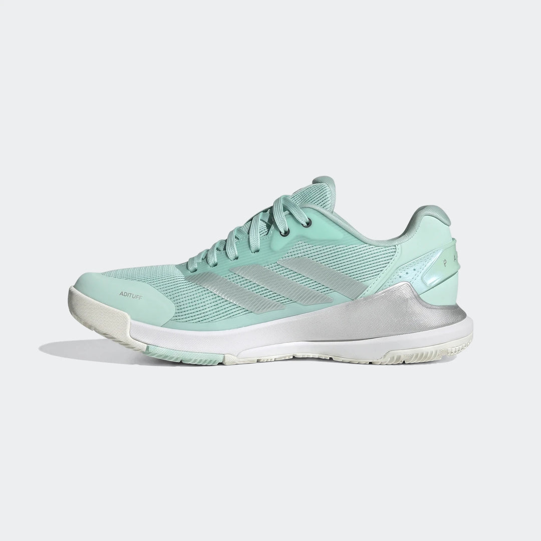 Mint green and silver Adidas Crazyquick Lightstrike Padel Shoes, shown in a detailed side view.