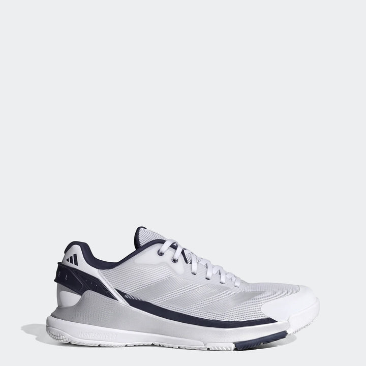 White and navy Adidas Crazyquick Padel Shoes, seen from the side, featuring a mesh upper and Lightstrike 2.0 midsole.